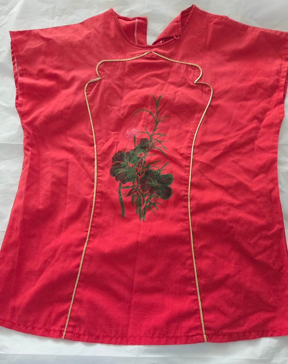 Vintage Red Cheongsam Style Blouse Gold Trim Floral Embroidered Cap Sleeve Top